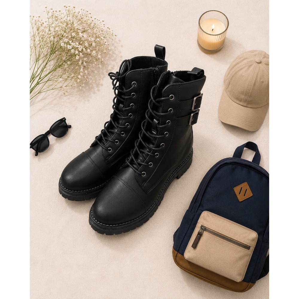 Pop Perlla Black Smooth Combat Boots Lace Up Buckle Lug Sole 8.5 M